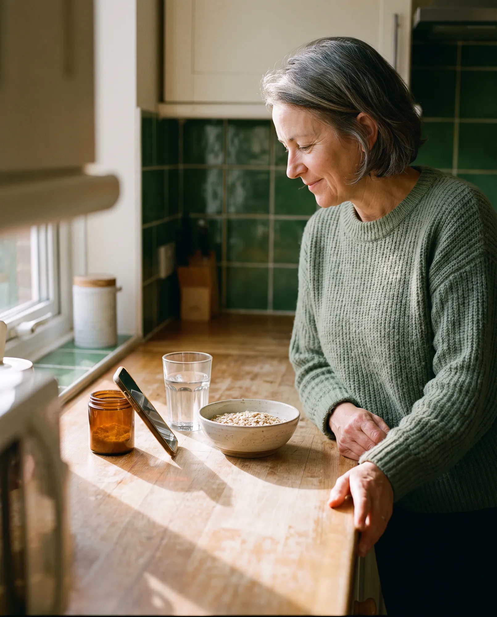A woman in a sage jumper stands at a sunlit kitchen counter with a bowl of oats, glancing at her propped-up phone.