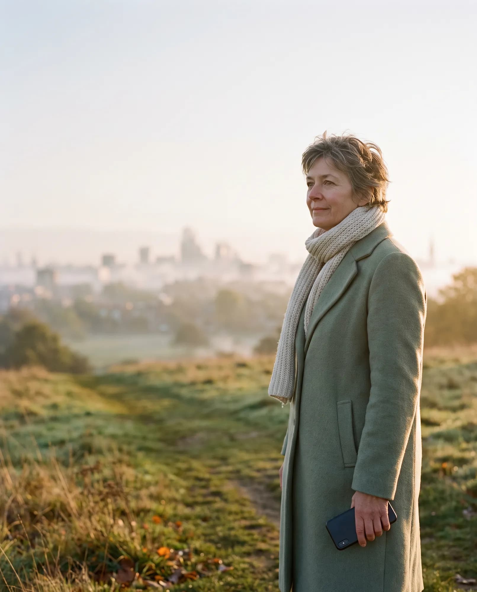 A woman in a sage coat pauses on a grassy hilltop path early in the morning, with a misty city skyline behind her.