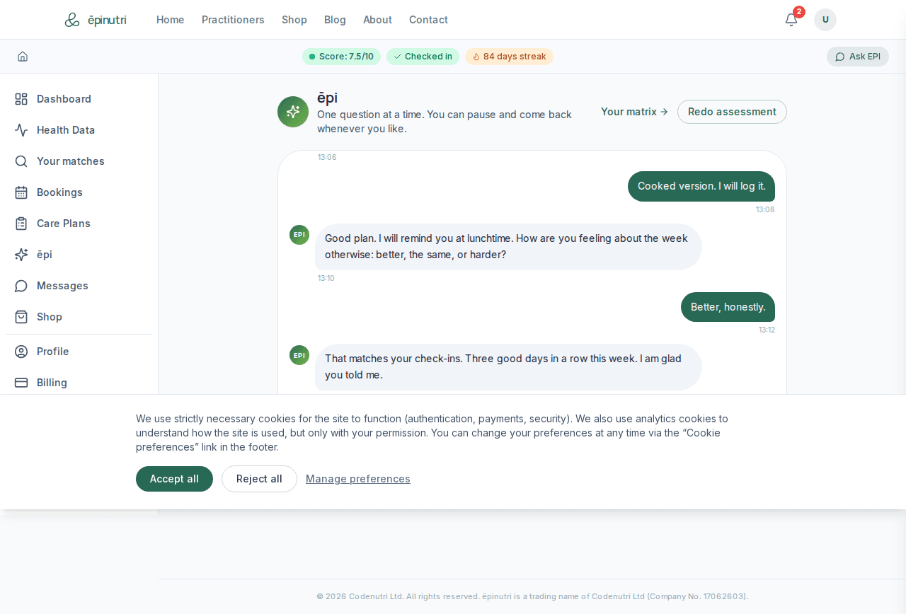 The ēpi Concierge asking a single assessment question with reply chips