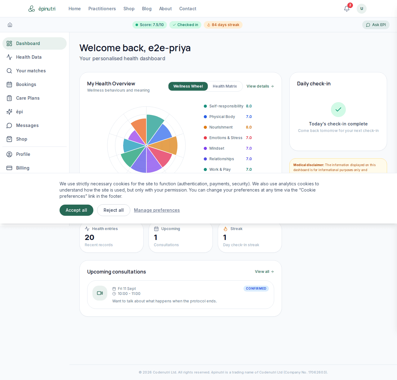 The patient dashboard with twelve weeks of check-ins and the wellness wheel