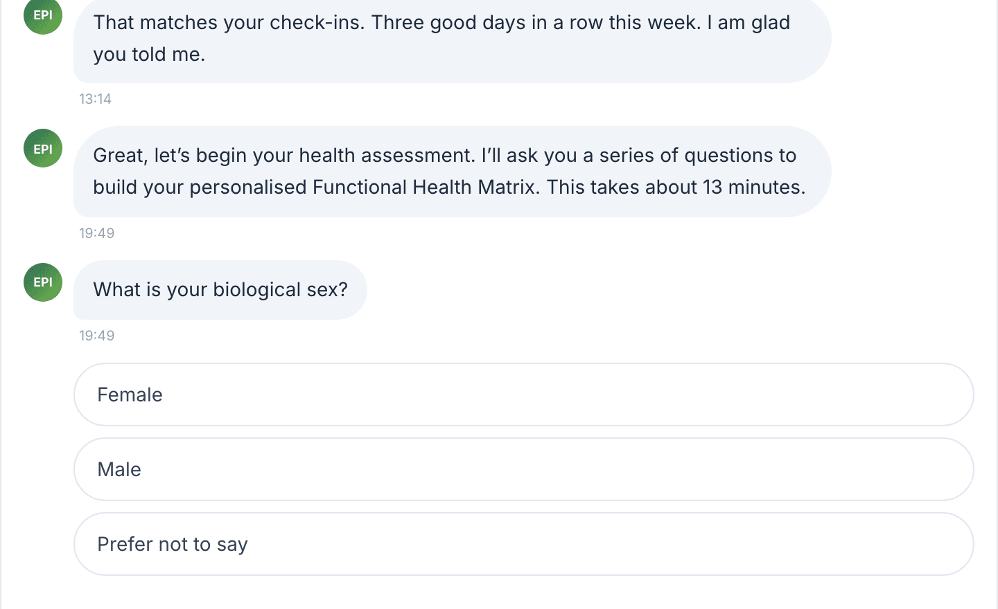 The ēpi Concierge starting a health assessment and asking its first question, with reply chips to tap