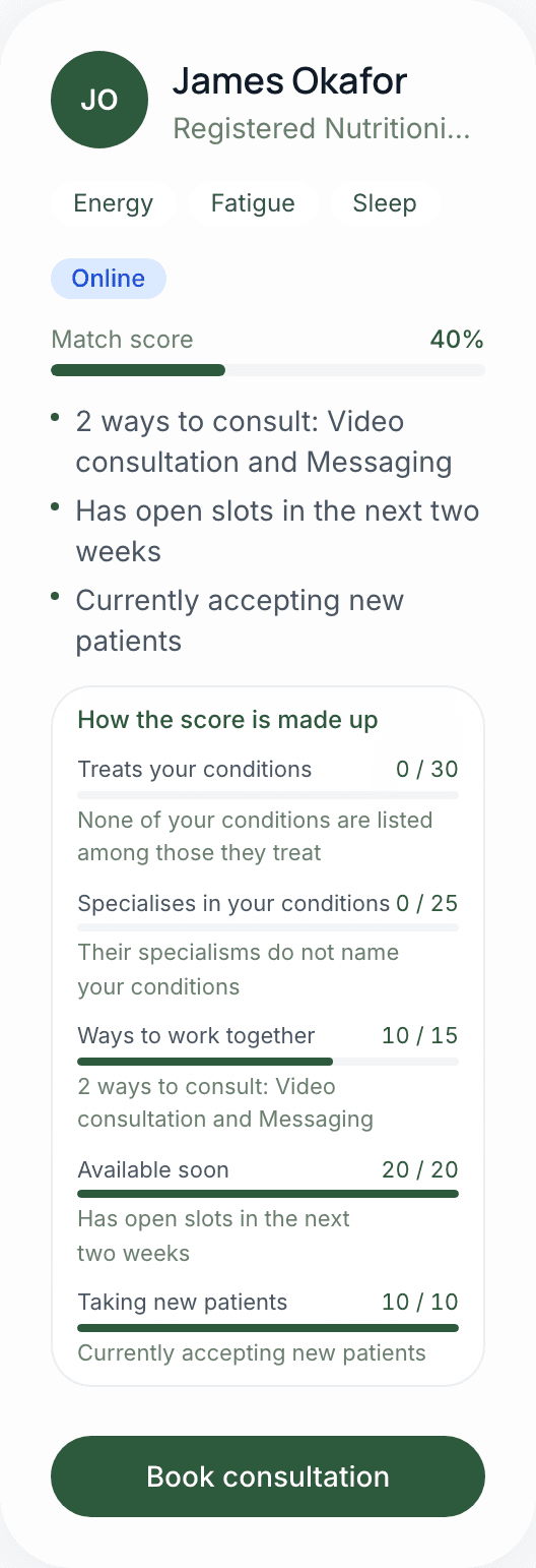 A practitioner match card with its match score and the reasons behind it